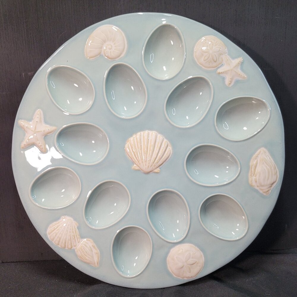 Home Studio Shoreline Collection Devil Egg Tray Platter Plate Blue Seashells